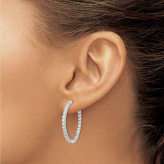 QE16304 Sterling Silver Polished Rhodium-plated In & Out CZ Hinged Hoop Earrings