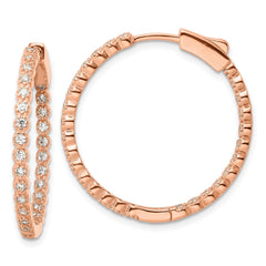 QE16306 Sterling Silver Polished Rose-tone In & Out CZ Hinged Hoop Earrings