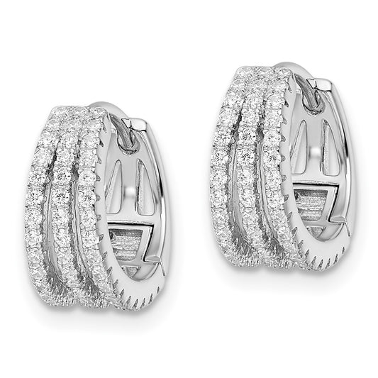 QE16307 Sterling Silver Rhodium-plated Polished Triple Row CZ Hinged Hoop Earrings