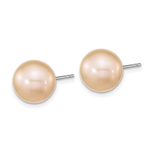 QE16326 Sterling Silver Rhodium-plated 10-11mm Pink Round Freshwater Cultured Pearl Post Earrings