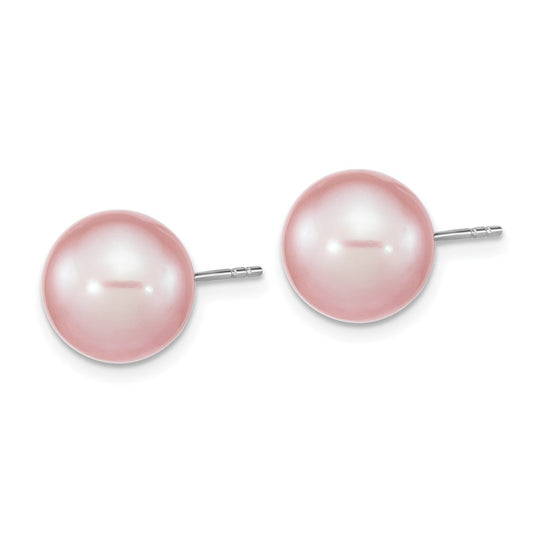 QE16327 Sterling Silver Rhodium-plated 10-11mm Purple Round Freshwater Cultured Pearl Post Earrings