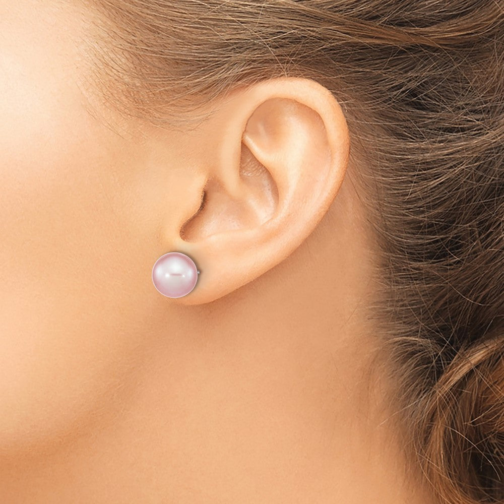 QE16327 Sterling Silver Rhodium-plated 10-11mm Purple Round Freshwater Cultured Pearl Post Earrings