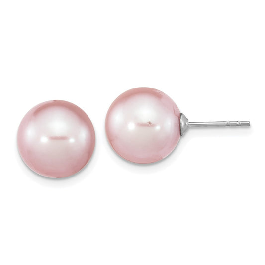 QE16327 Sterling Silver Rhodium-plated 10-11mm Purple Round Freshwater Cultured Pearl Post Earrings