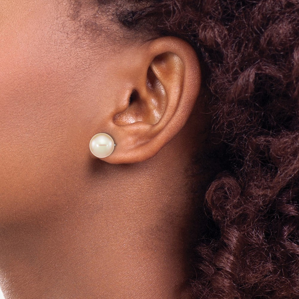 QE16328 Sterling Silver Rhodium-plated 9-10mm Pink Round Freshwater Cultured Pearl Post Earrings