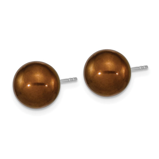 QE16329 Sterling Silver Rhodium-plated 9-10mm Brown Round Freshwater Cultured Pearl Post Earrings