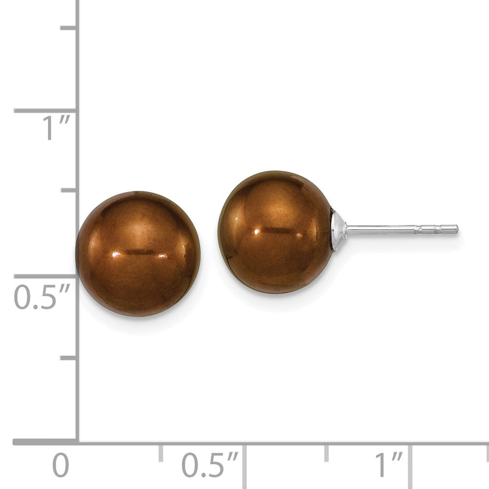 QE16329 Sterling Silver Rhodium-plated 9-10mm Brown Round Freshwater Cultured Pearl Post Earrings