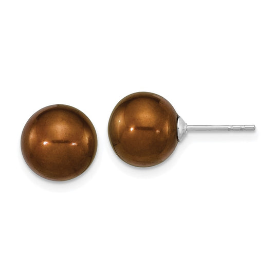 QE16329 Sterling Silver Rhodium-plated 9-10mm Brown Round Freshwater Cultured Pearl Post Earrings