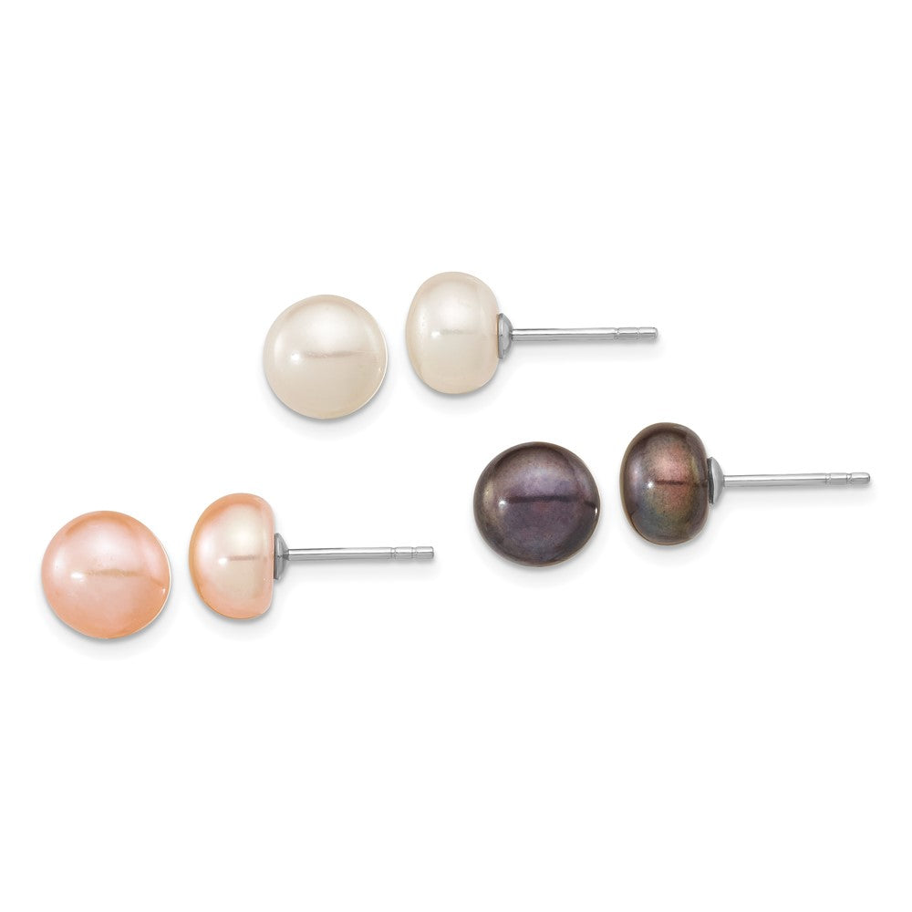 QE16333SET Sterling Silver Rhodium-plated 8-9mm White, Black and Pink Button Freshwater Cultured Pearl Set of 3 Post Earrings