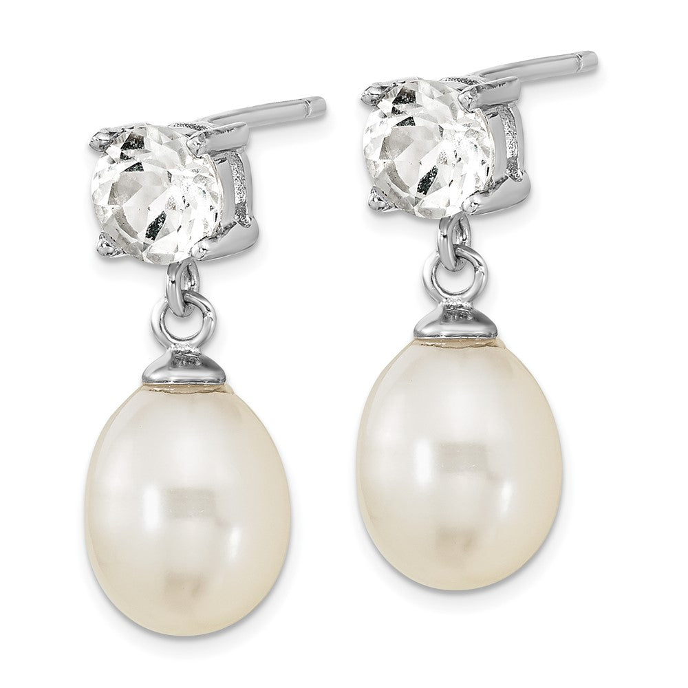 QE16335 Sterling Silver Rhodium-plated 7-10mm White Teardrop Freshwater Cultured Pearl and 2.64WT White Topaz Post Dangle Earrings