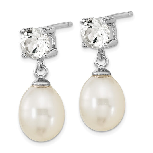QE16335 Sterling Silver Rhodium-plated 7-10mm White Teardrop Freshwater Cultured Pearl and 2.64WT White Topaz Post Dangle Earrings