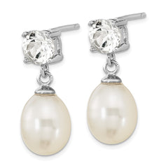 QE16335 Sterling Silver Rhodium-plated 7-10mm White Teardrop Freshwater Cultured Pearl and 2.64WT White Topaz Post Dangle Earrings