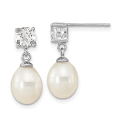 QE16335 Sterling Silver Rhodium-plated 7-10mm White Teardrop Freshwater Cultured Pearl and 2.64WT White Topaz Post Dangle Earrings
