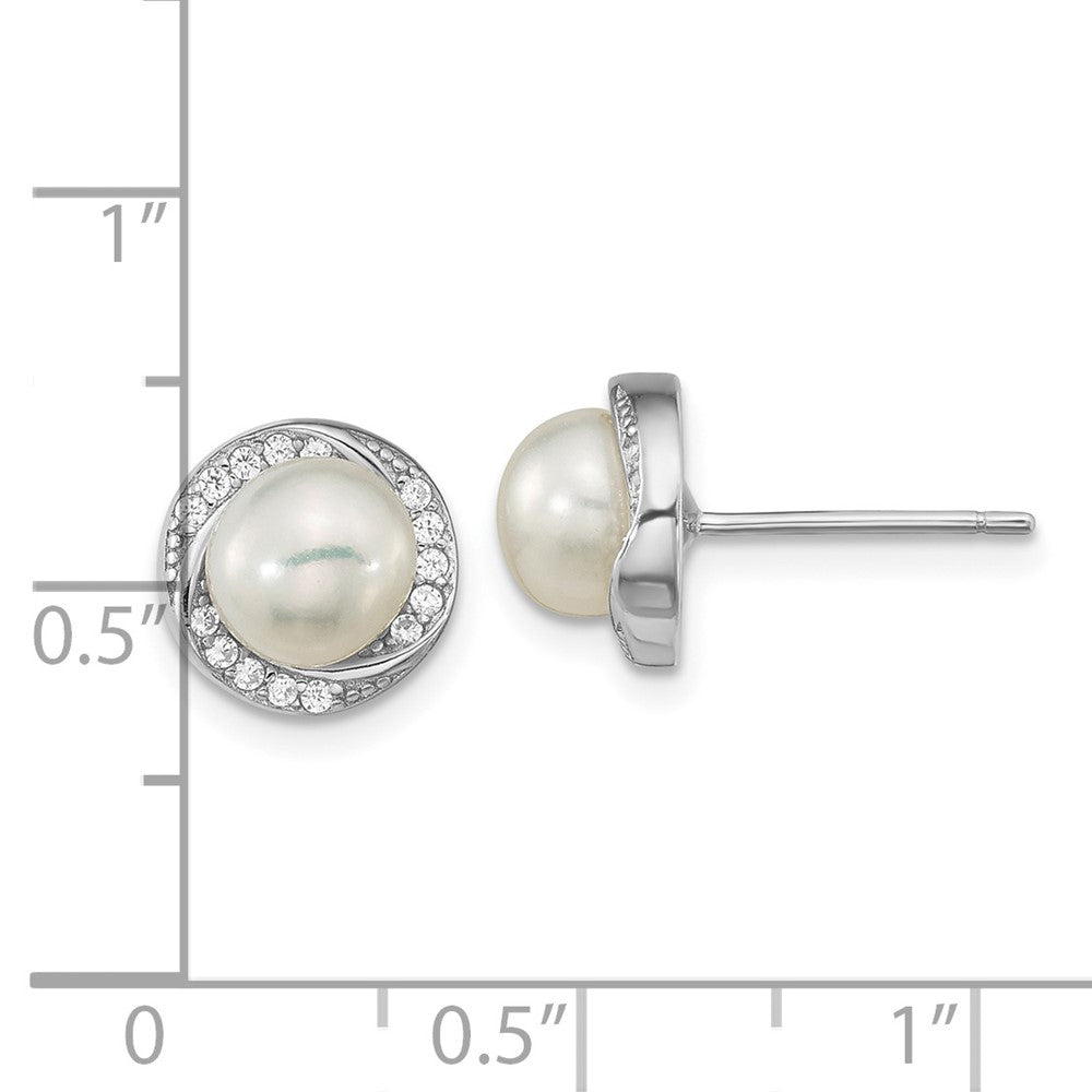 QE16339 Sterling Silver Rhodium-plated 6-7mm White Button Freshwater Cultured Pearl and CZ Post Earrings