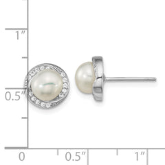 QE16339 Sterling Silver Rhodium-plated 6-7mm White Button Freshwater Cultured Pearl and CZ Post Earrings