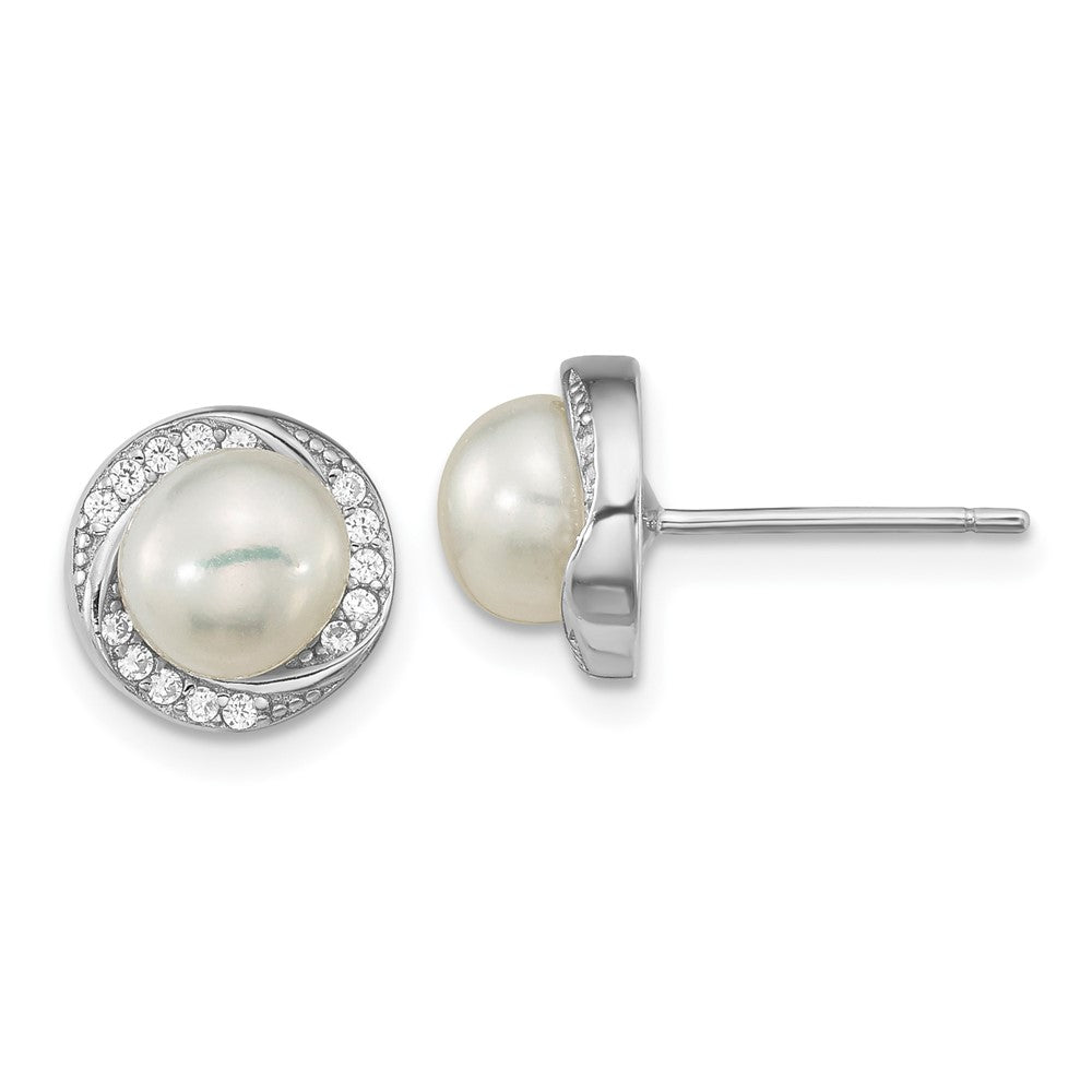QE16339 Sterling Silver Rhodium-plated 6-7mm White Button Freshwater Cultured Pearl and CZ Post Earrings