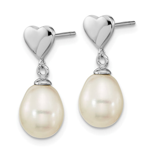 QE16343 Sterling Silver Rhodium-plated 7x9mm White Teardrop Freshwater Cultured Pearl Heart Post Dangle Earrings