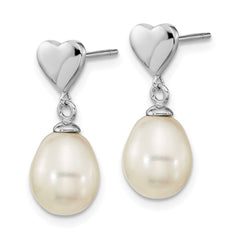QE16343 Sterling Silver Rhodium-plated 7x9mm White Teardrop Freshwater Cultured Pearl Heart Post Dangle Earrings
