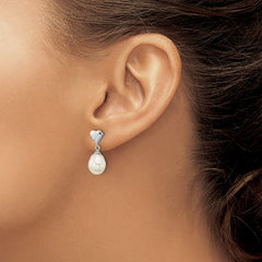 QE16343 Sterling Silver Rhodium-plated 7x9mm White Teardrop Freshwater Cultured Pearl Heart Post Dangle Earrings