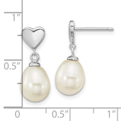 QE16343 Sterling Silver Rhodium-plated 7x9mm White Teardrop Freshwater Cultured Pearl Heart Post Dangle Earrings