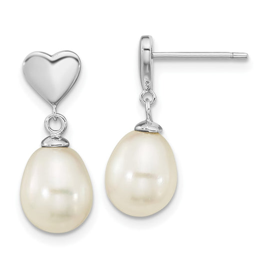 QE16343 Sterling Silver Rhodium-plated 7x9mm White Teardrop Freshwater Cultured Pearl Heart Post Dangle Earrings