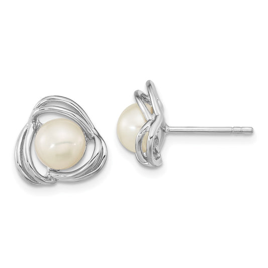 QE16346 Sterling Silver Rhodium-plated 6-7mm White Button Freshwater Cultured Pearl Knot Post Earrings