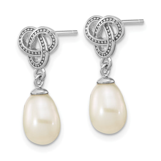 QE16351 Sterling Silver Rhodium-plated 6-7mm White Rice Freshwater Cultured Pearl Knot Post Dangle Earrings