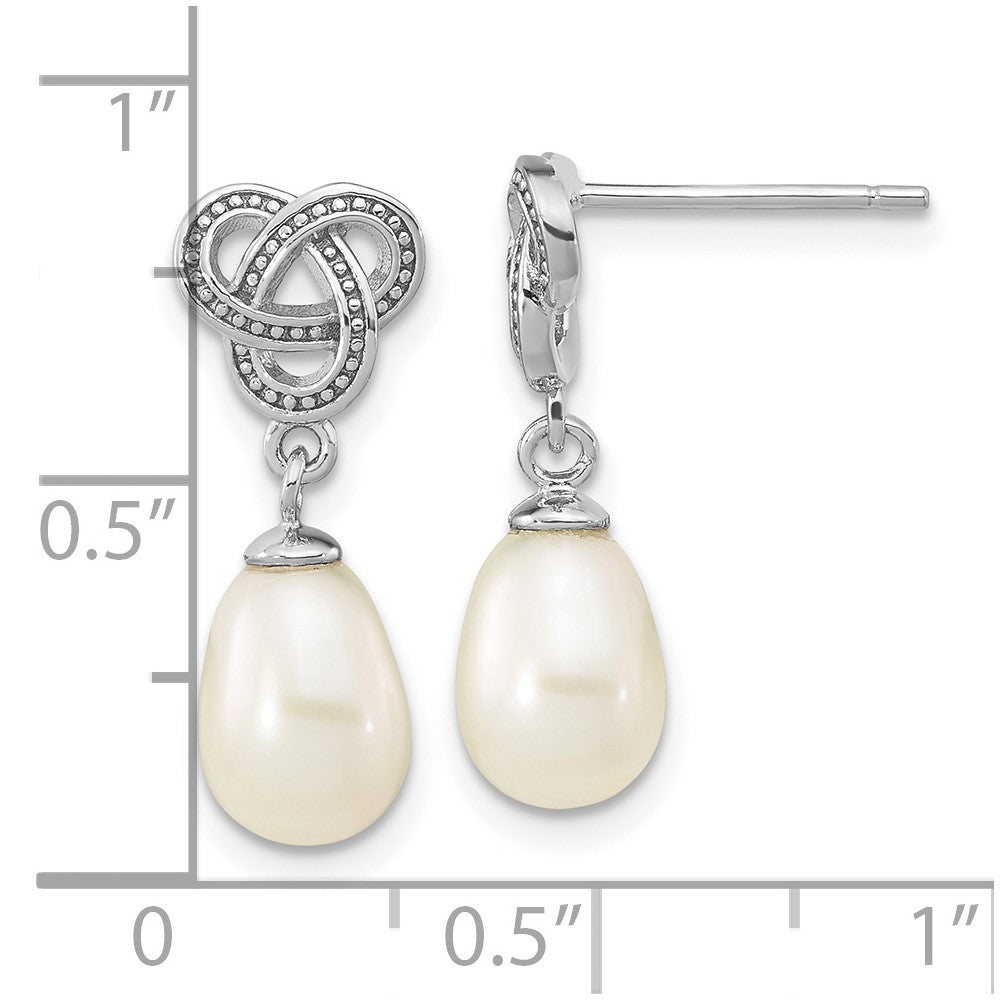 QE16351 Sterling Silver Rhodium-plated 6-7mm White Rice Freshwater Cultured Pearl Knot Post Dangle Earrings
