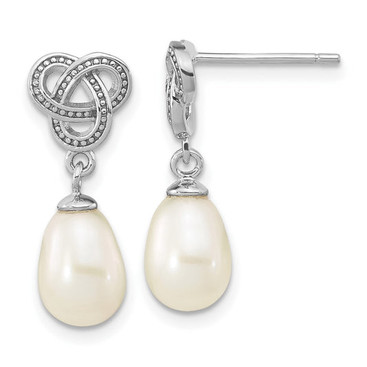QE16351 Sterling Silver Rhodium-plated 6-7mm White Rice Freshwater Cultured Pearl Knot Post Dangle Earrings