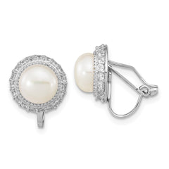 QE16361 Sterling Silver Rhodium-plated 7-8mm White Button Freshwater Cultured Pearl Non-pierced Earrings