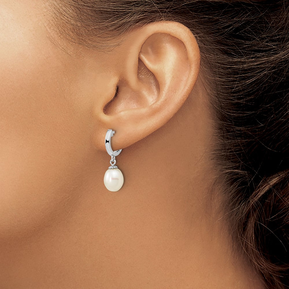 QE16364 Sterling Silver Rhodium-plated 8-9mm White Teardrop Freshwater Cultured Pearl Dangle Hoop Earrings