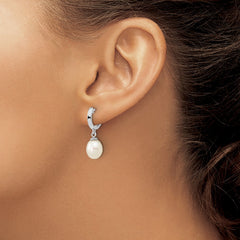 QE16364 Sterling Silver Rhodium-plated 8-9mm White Teardrop Freshwater Cultured Pearl Dangle Hoop Earrings