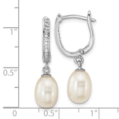 QE16365 Sterling Silver Rhodium-plated 7-8mm White Rice Freshwater Cultured Pearl and CZ Hoop Dangle Earring