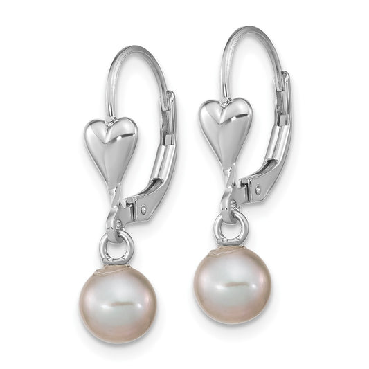 QE16374 Sterling Silver Rhodium-plated 6-7mm Grey Round Freshwater Cultured Pearl Heart Leverback Dangle Earrings