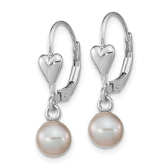 QE16374 Sterling Silver Rhodium-plated 6-7mm Grey Round Freshwater Cultured Pearl Heart Leverback Dangle Earrings