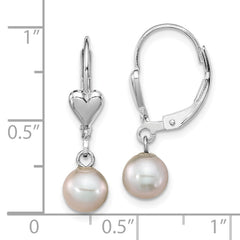 QE16374 Sterling Silver Rhodium-plated 6-7mm Grey Round Freshwater Cultured Pearl Heart Leverback Dangle Earrings