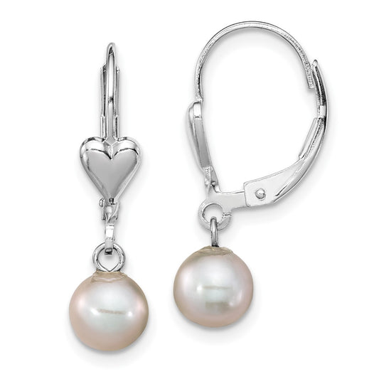 QE16374 Sterling Silver Rhodium-plated 6-7mm Grey Round Freshwater Cultured Pearl Heart Leverback Dangle Earrings