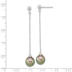 QE16377 Sterling Silver Rhodium-plated 9-10mm Black Teardrop Tahitian Saltwater Cultured Pearl Post Dangle Earrings