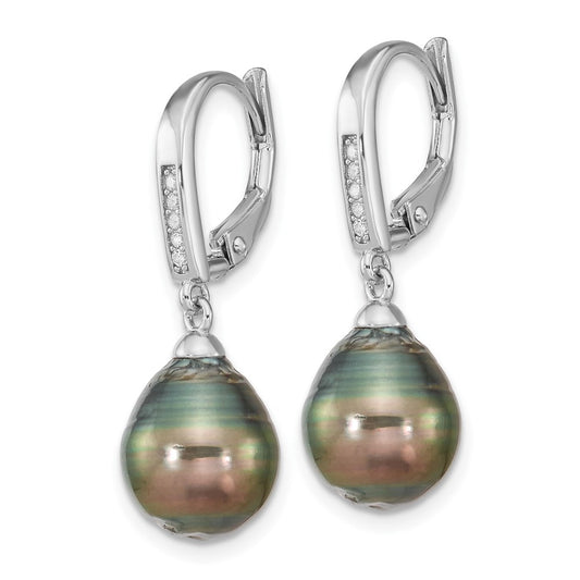 QE16378 Sterling Silver Rhodium-plated 9-10mm Black Teardrop Tahitian Saltwater Cultured Pearl and CZ Dangle Leverback Earrings