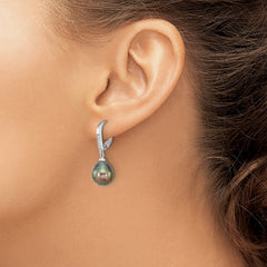 QE16378 Sterling Silver Rhodium-plated 9-10mm Black Teardrop Tahitian Saltwater Cultured Pearl and CZ Dangle Leverback Earrings