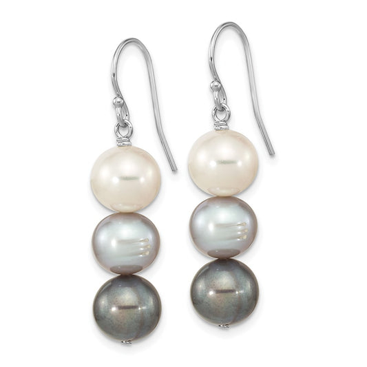 QE16382 Sterling Silver Rhodium-plated 8-9mm Black, White and Grey Near-Round Freshwater Cultured Pearl Dangle Earrings