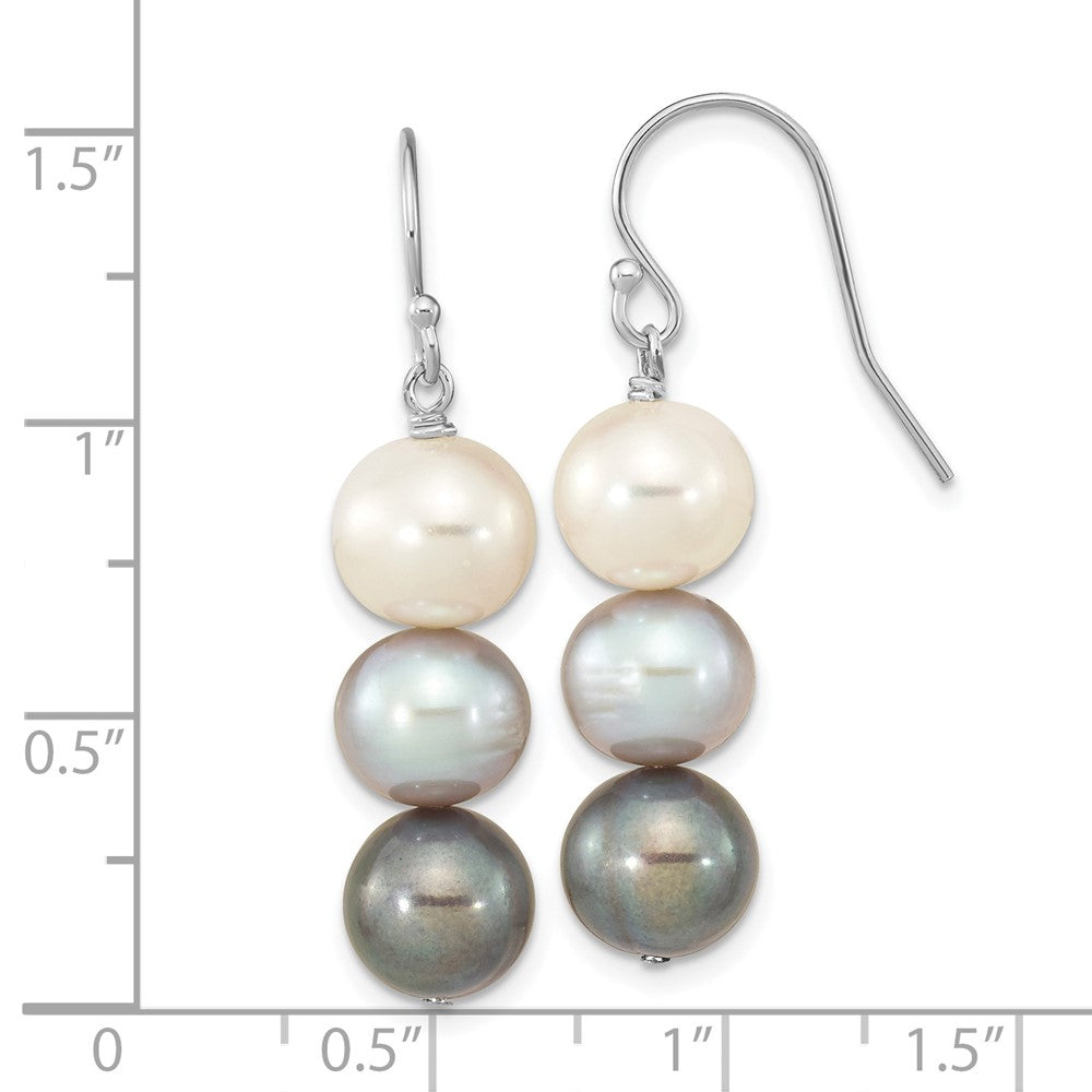 QE16382 Sterling Silver Rhodium-plated 8-9mm Black, White and Grey Near-Round Freshwater Cultured Pearl Dangle Earrings