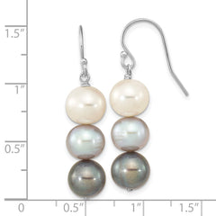 QE16382 Sterling Silver Rhodium-plated 8-9mm Black, White and Grey Near-Round Freshwater Cultured Pearl Dangle Earrings