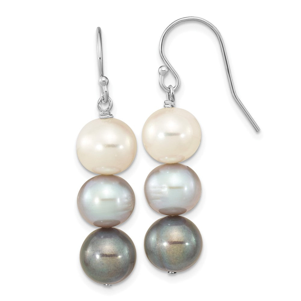 QE16382 Sterling Silver Rhodium-plated 8-9mm Black, White and Grey Near-Round Freshwater Cultured Pearl Dangle Earrings
