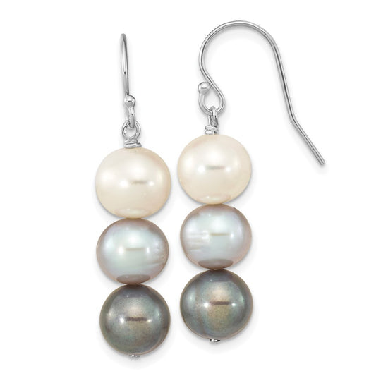 QE16382 Sterling Silver Rhodium-plated 8-9mm Black, White and Grey Near-Round Freshwater Cultured Pearl Dangle Earrings