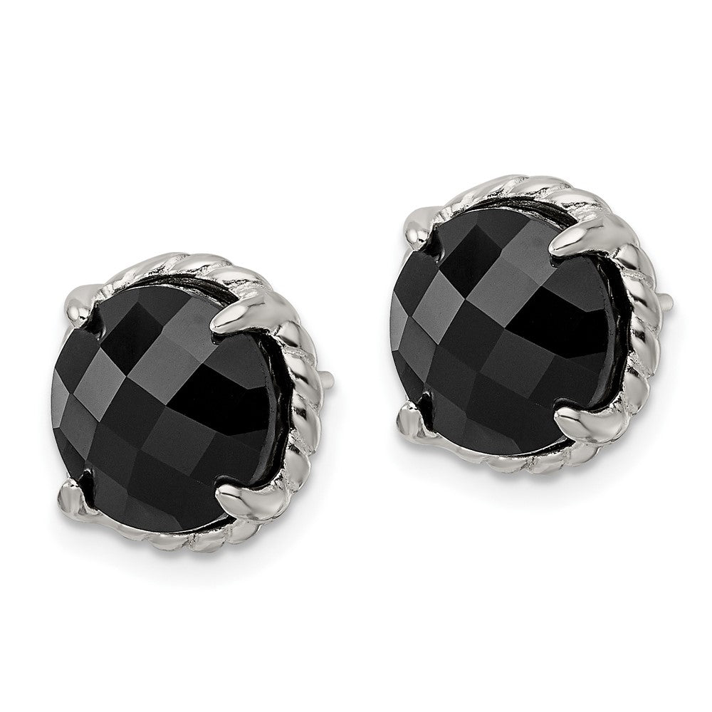 QE16384 Sterling Silver Polished & Twisted Edge Round Onyx Post Earrings