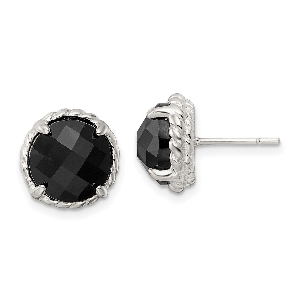 QE16384 Sterling Silver Polished & Twisted Edge Round Onyx Post Earrings