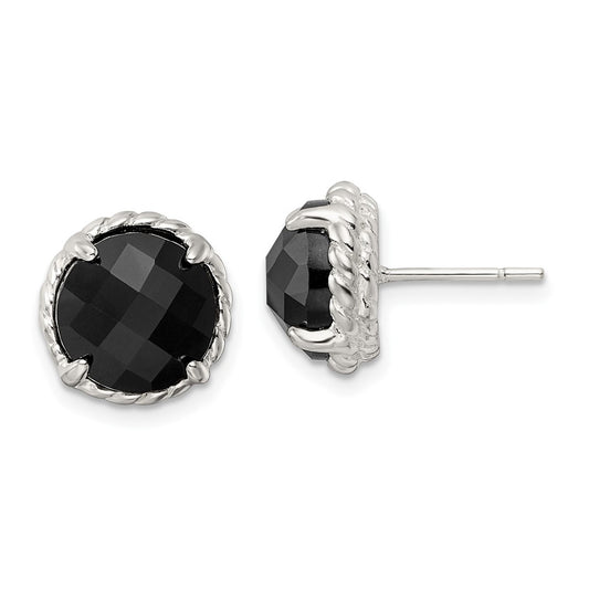 QE16384 Sterling Silver Polished & Twisted Edge Round Onyx Post Earrings
