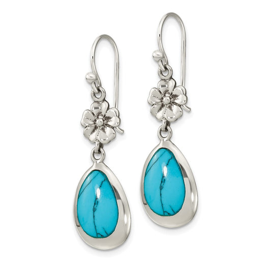 QE16393 Sterling Silver Polished Recon. Turquoise Floral Teardrop Dangle Earrings