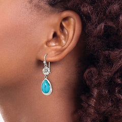QE16393 Sterling Silver Polished Recon. Turquoise Floral Teardrop Dangle Earrings