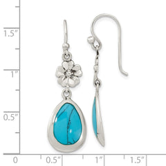 QE16393 Sterling Silver Polished Recon. Turquoise Floral Teardrop Dangle Earrings